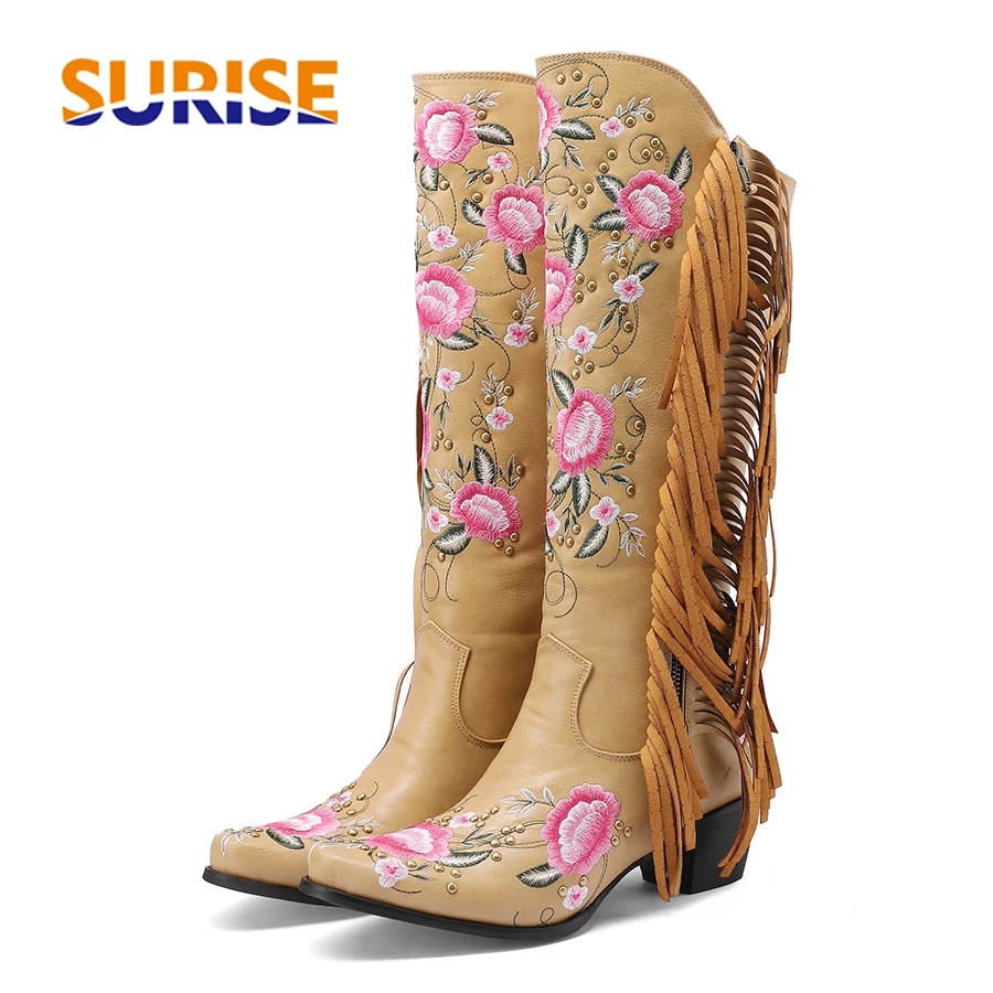 Ethnic Fashion For Women - Mode broderie fleur Western genou bottes